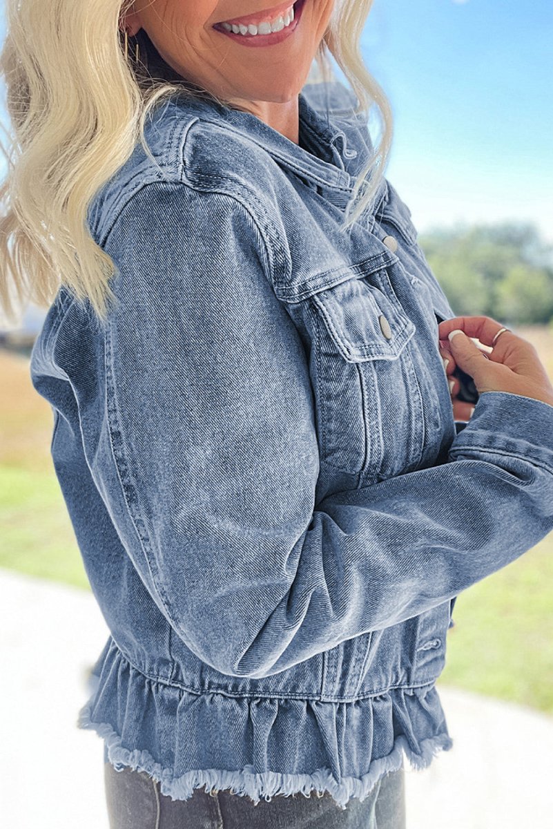 Dani Ruffle Distressed Denim Jacket - Klazzi Fashion Boutique