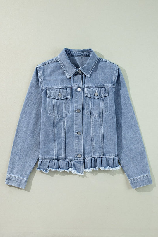 Dani Ruffle Distressed Denim Jacket - Klazzi Fashion Boutique