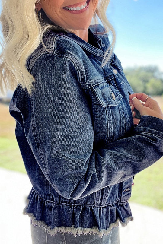 Dani Ruffle Distressed Denim Jacket - Klazzi Fashion Boutique