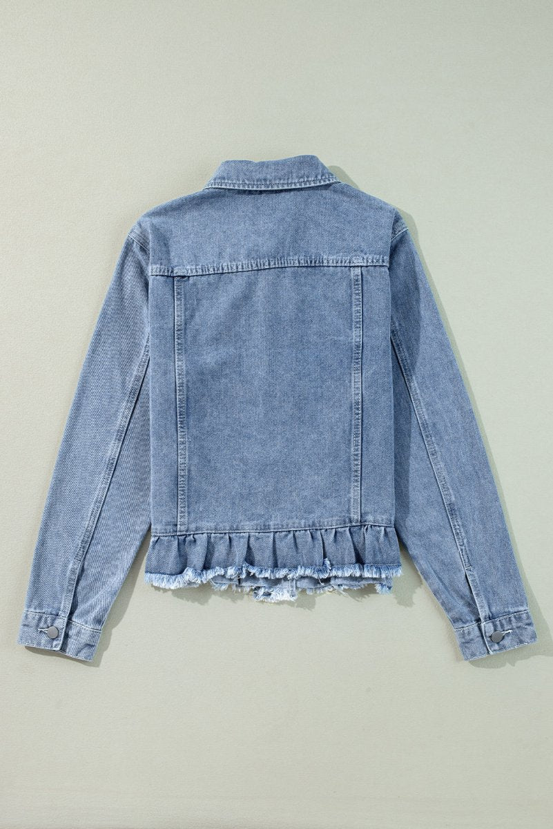 Dani Ruffle Distressed Denim Jacket - Klazzi Fashion Boutique