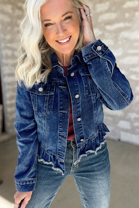 Dani Ruffle Distressed Denim Jacket - Klazzi Fashion Boutique