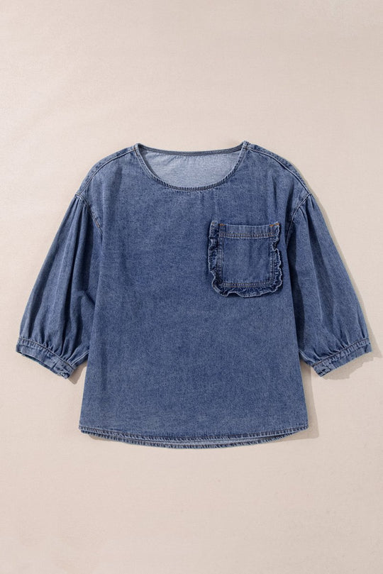 Dani Ruffled Denim Patched Blouse - Klazzi Fashion Boutique