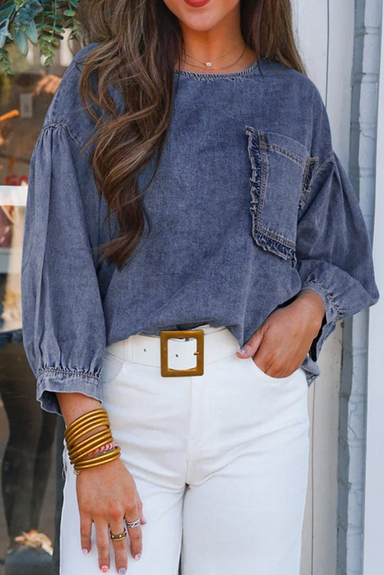 Dani Ruffled Denim Patched Blouse - Klazzi Fashion Boutique