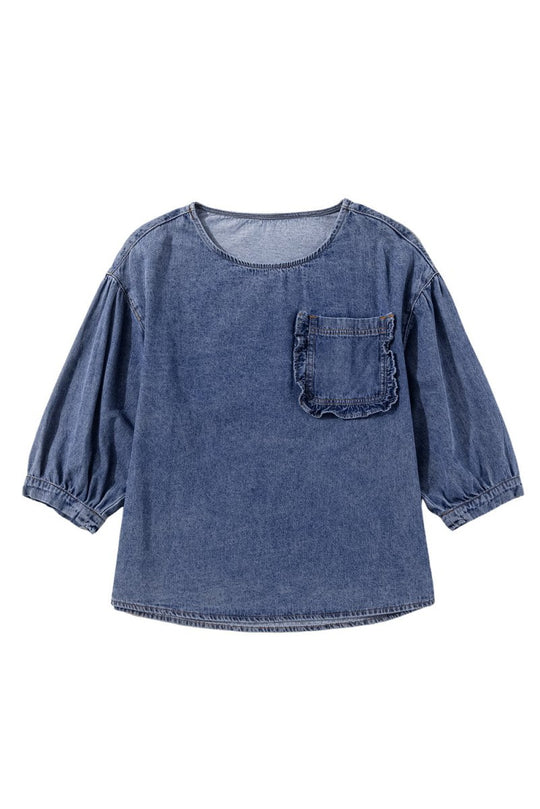 Dani Ruffled Denim Patched Blouse - Klazzi Fashion Boutique