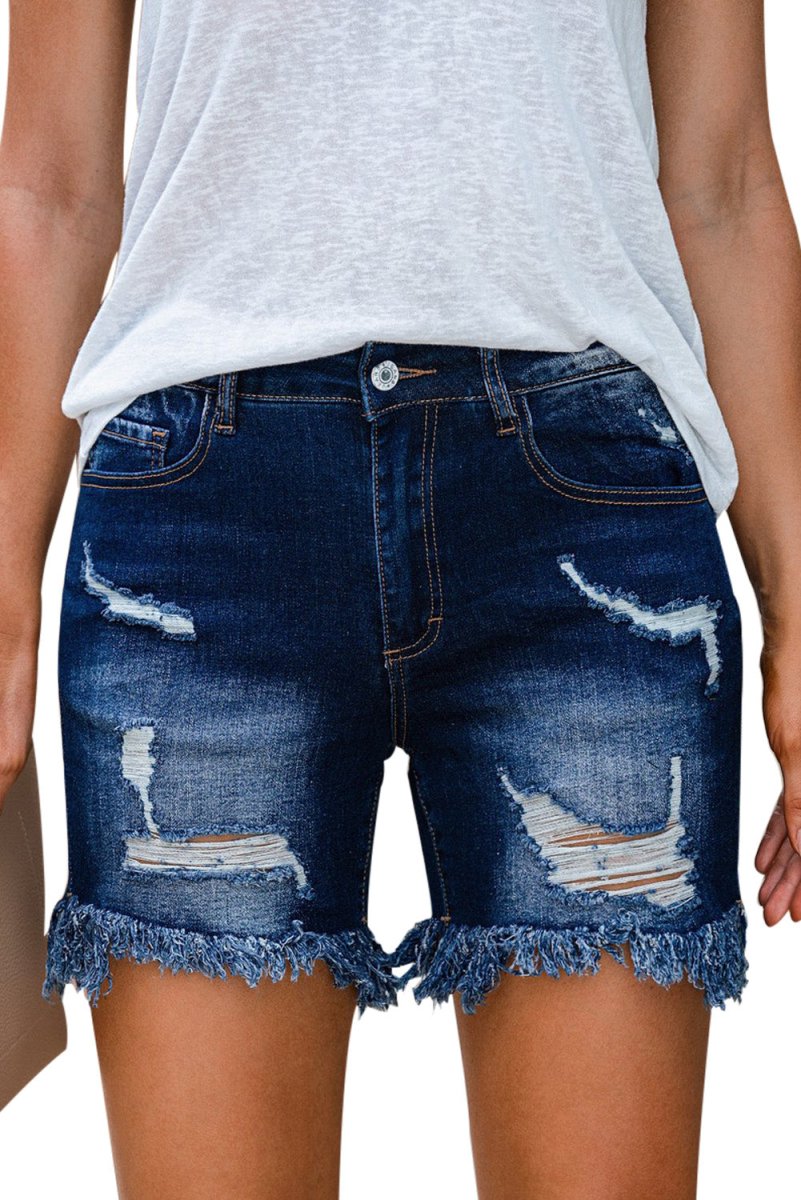 Dark Denim Distressed Skinny Shorts - Klazzi Fashion Boutique