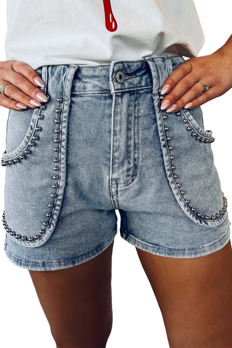 Dark Denim Studded Acid Wash Shorts - Klazzi Fashion Boutique