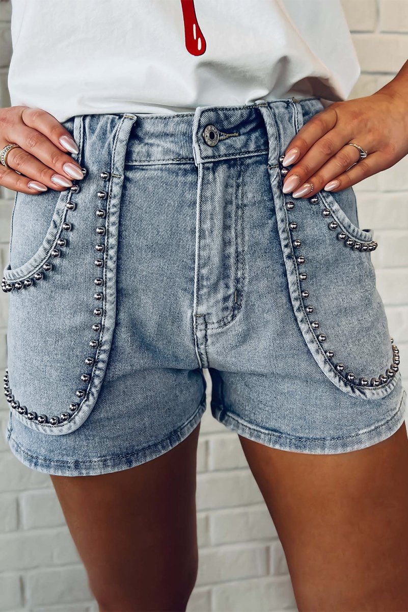 Dark Denim Studded Acid Wash Shorts - Klazzi Fashion Boutique