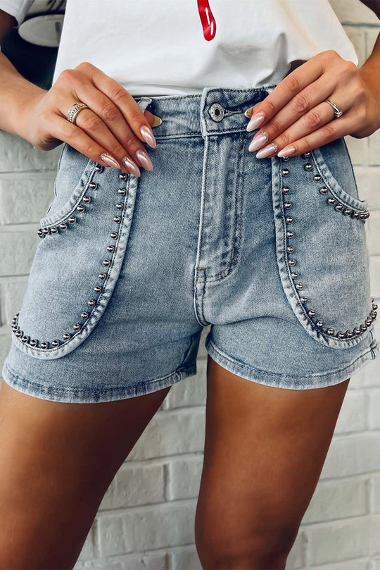 Dark Denim Studded Acid Wash Shorts - Klazzi Fashion Boutique