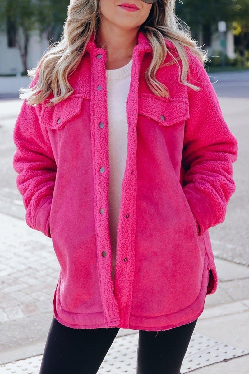 Dark Pink Faux Suede Sherpa Shacket - Klazzi Fashion Boutique