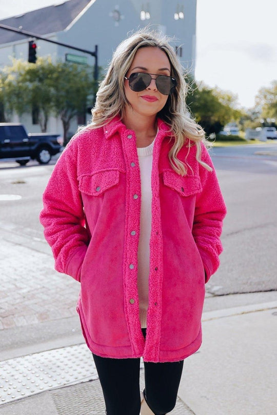 Dark Pink Faux Suede Sherpa Shacket - Klazzi Fashion Boutique