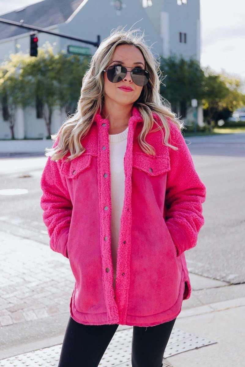 Dark Pink Faux Suede Sherpa Shacket - Klazzi Fashion Boutique