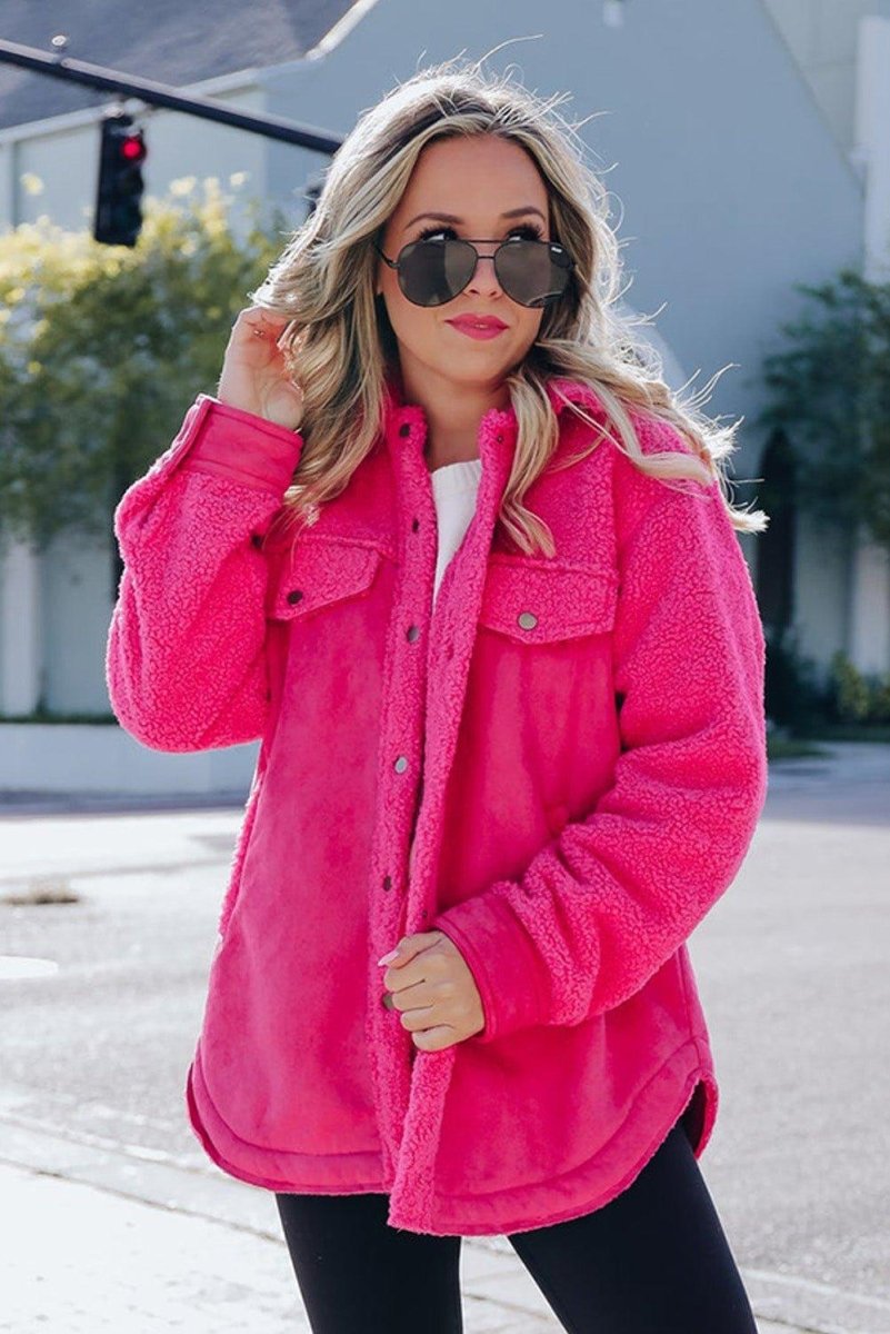 Dark Pink Faux Suede Sherpa Shacket - Klazzi Fashion Boutique