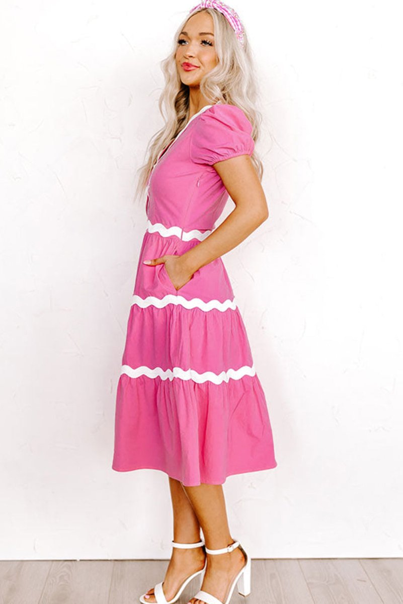 Darling Hot Pink Zig Zag Flowy Midi Dress - Klazzi Fashion Boutique