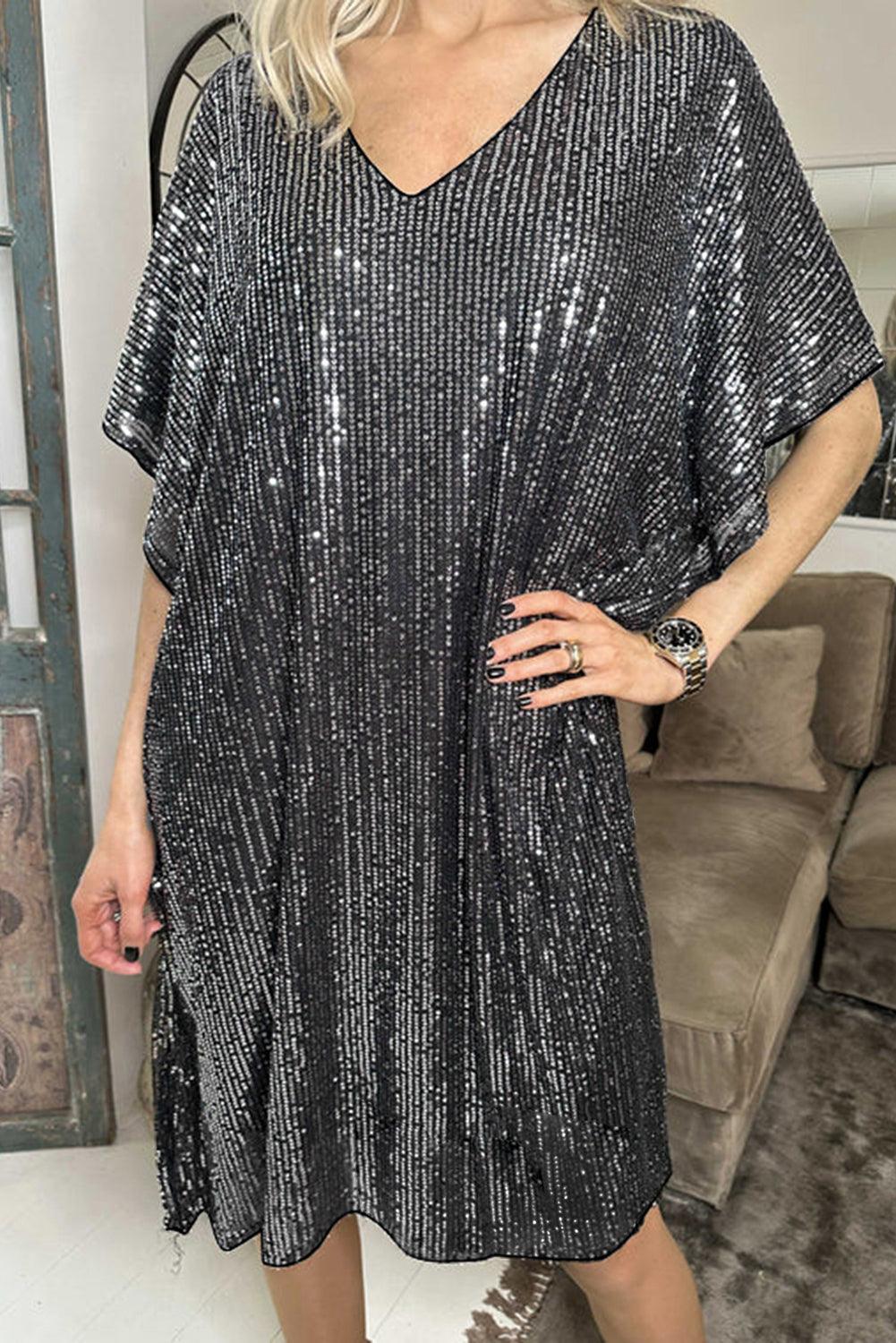 Dazzle Dark Grey Sequin Dolman Sleeve Dress