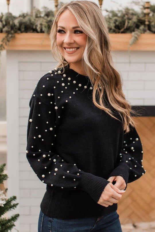 Dazzling Beaded Pearl Black Sweater - Klazzi Fashion Boutique