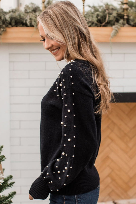 Dazzling Beaded Pearl Black Sweater - Klazzi Fashion Boutique