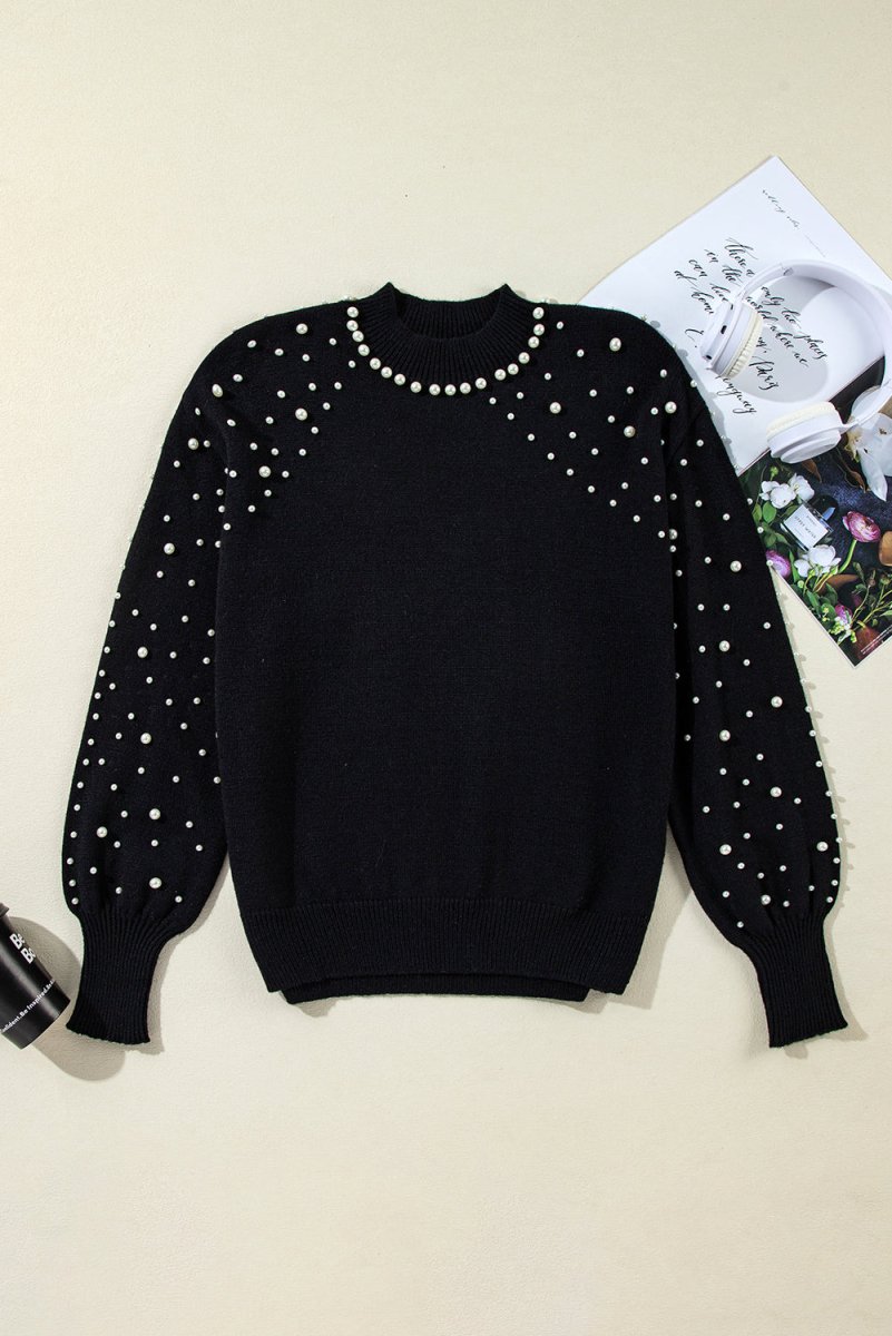 Dazzling Beaded Pearl Black Sweater - Klazzi Fashion Boutique