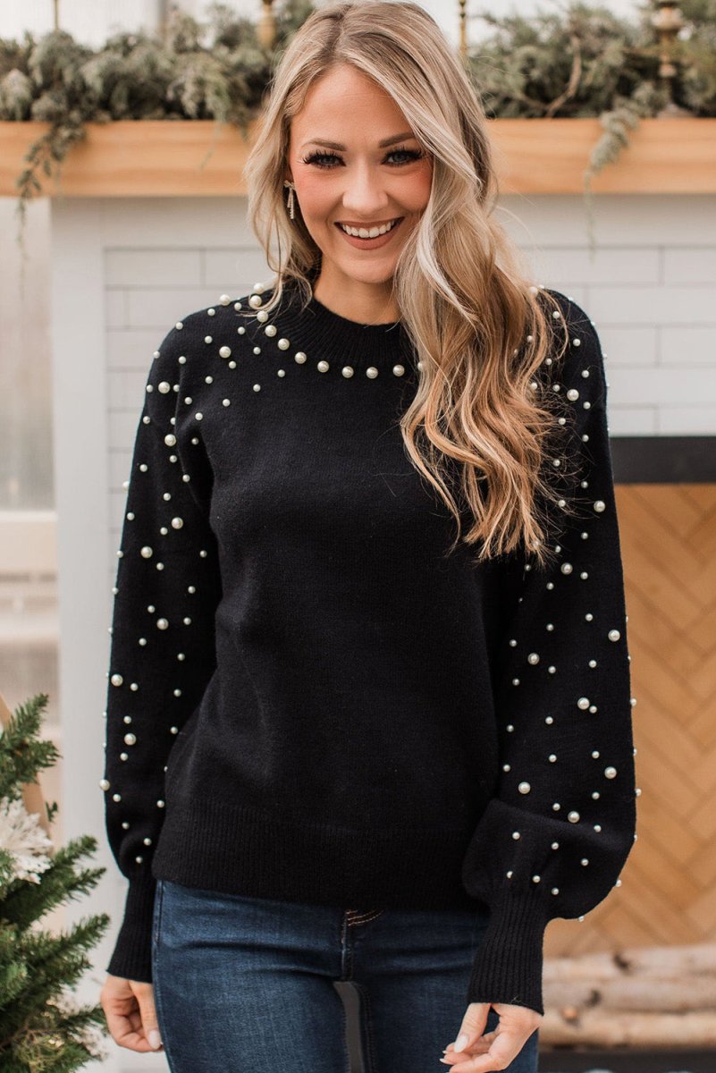 Dazzling Beaded Pearl Black Sweater - Klazzi Fashion Boutique