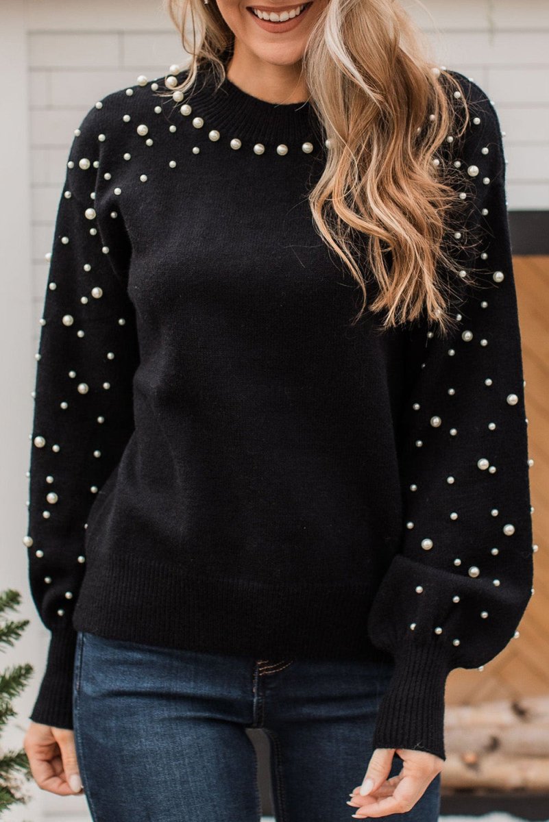 Dazzling Beaded Pearl Black Sweater - Klazzi Fashion Boutique