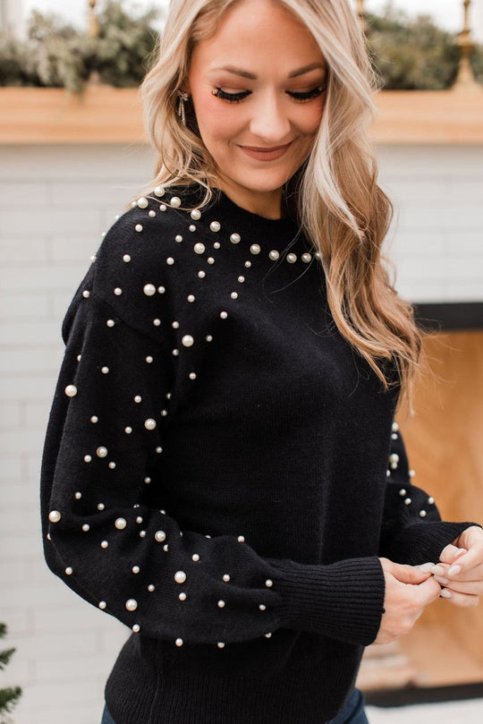 Dazzling Beaded Pearl Black Sweater - Klazzi Fashion Boutique