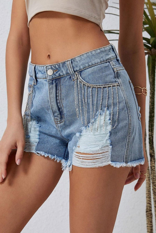 Dazzling Lynn Rhinestone Tassel Denim Shorts - Klazzi Fashion Boutique