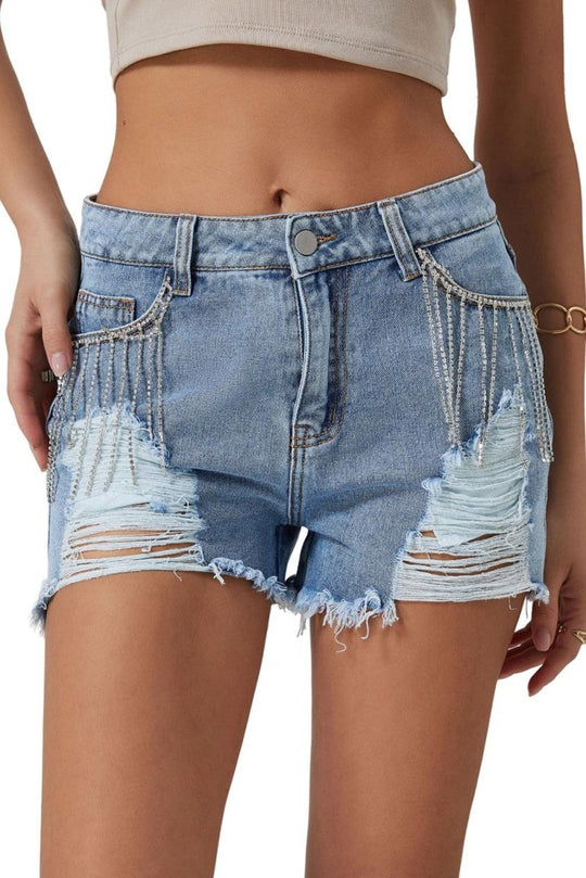 Dazzling Lynn Rhinestone Tassel Denim Shorts - Klazzi Fashion Boutique