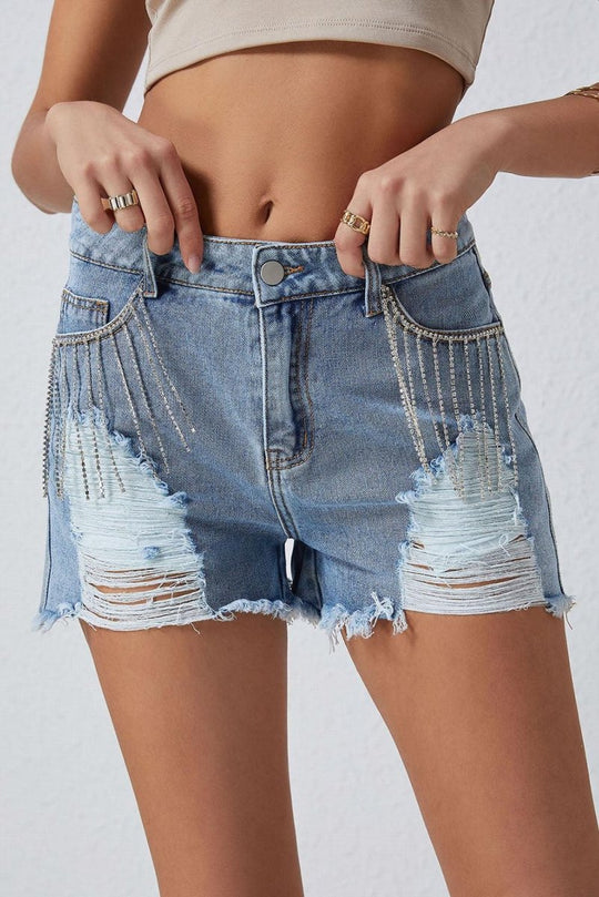 Dazzling Lynn Rhinestone Tassel Denim Shorts - Klazzi Fashion Boutique