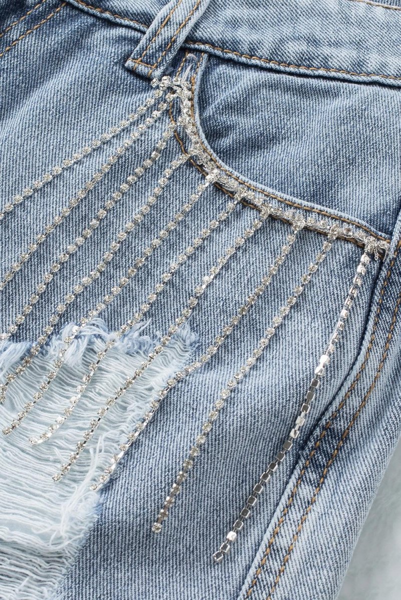 Dazzling Lynn Rhinestone Tassel Denim Shorts - Klazzi Fashion Boutique