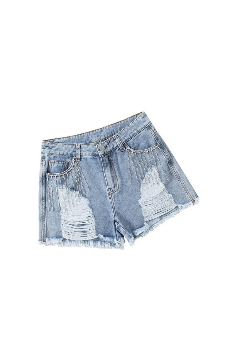 Dazzling Lynn Rhinestone Tassel Denim Shorts - Klazzi Fashion Boutique