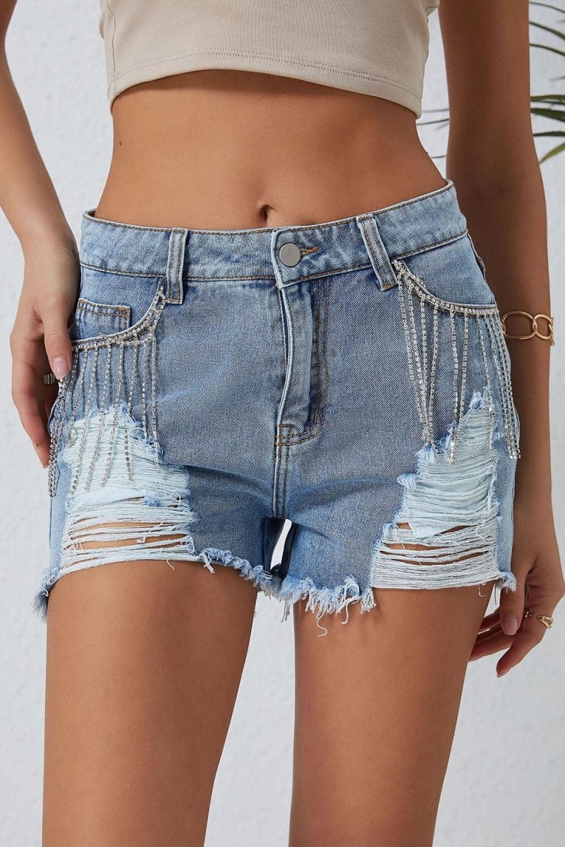 Dazzling Lynn Rhinestone Tassel Denim Shorts - Klazzi Fashion Boutique