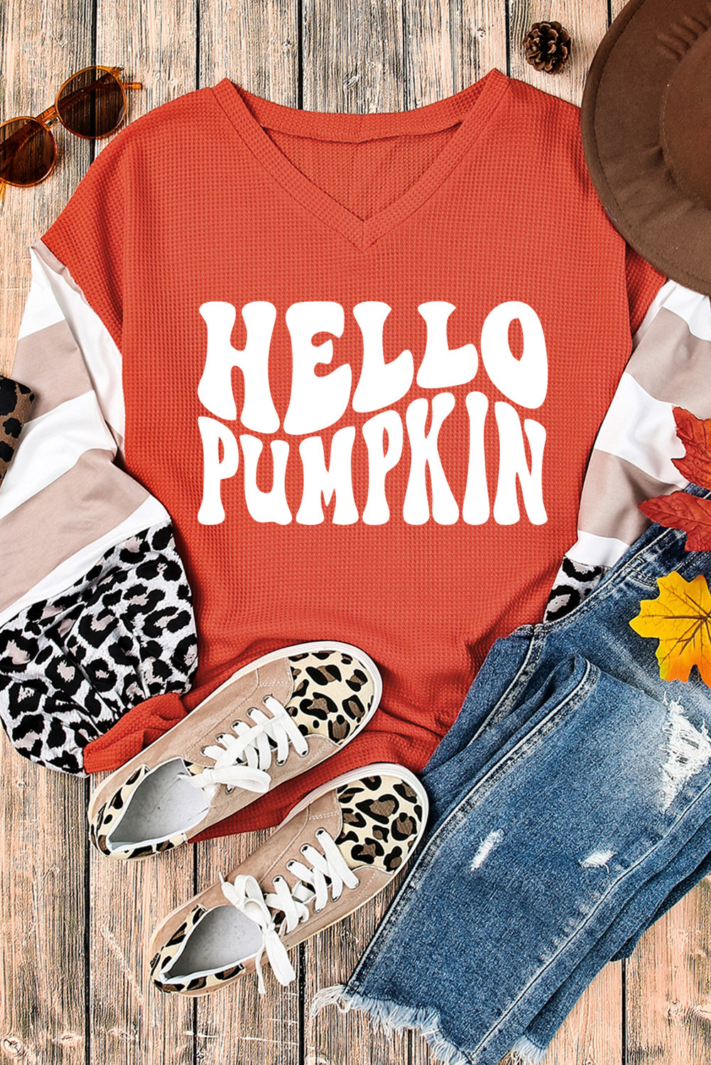  Leopard Striped "Hello Pumpkin" Orange Long Sleeve Top