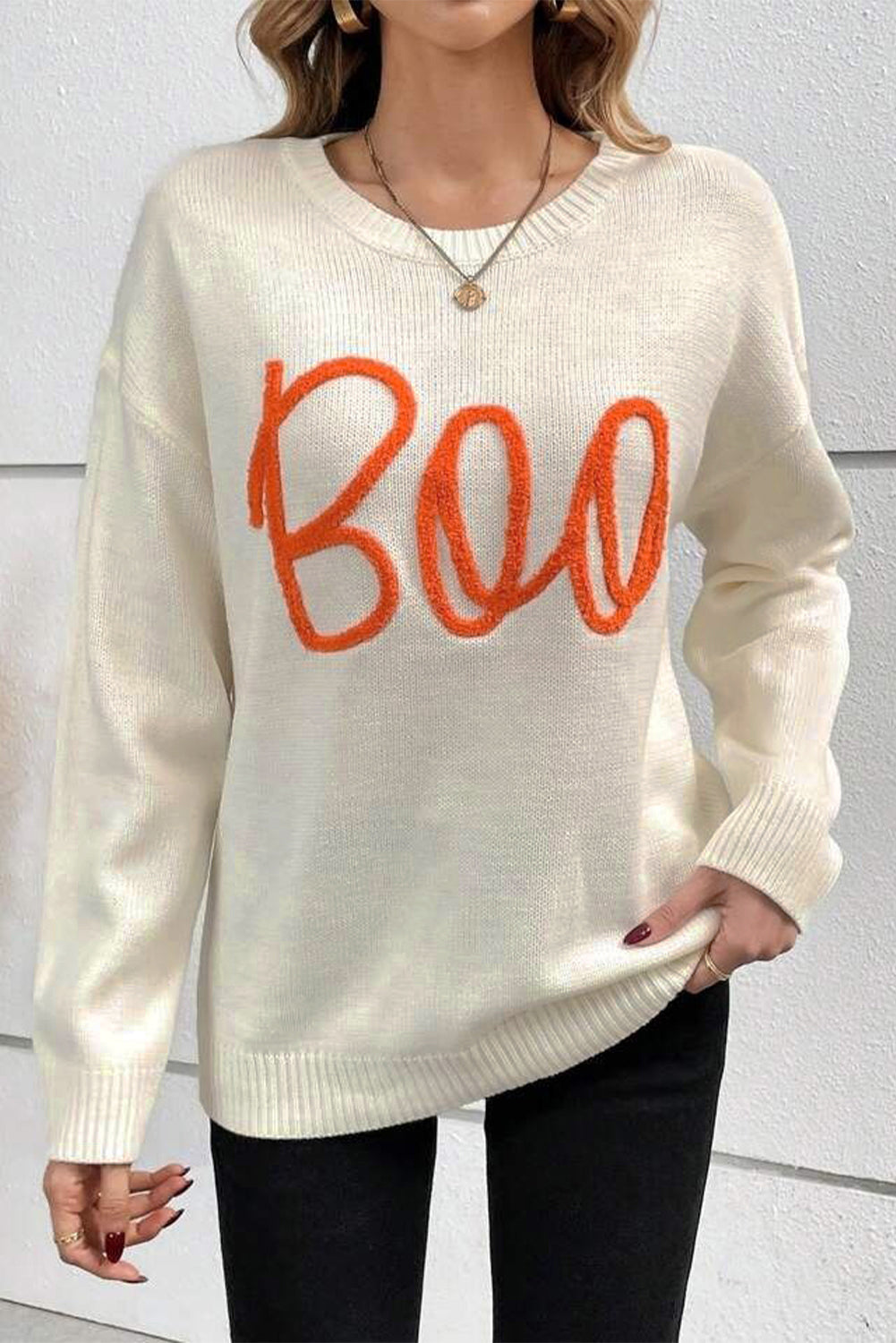 Cream Knitted "Boo" Pattern Sweater