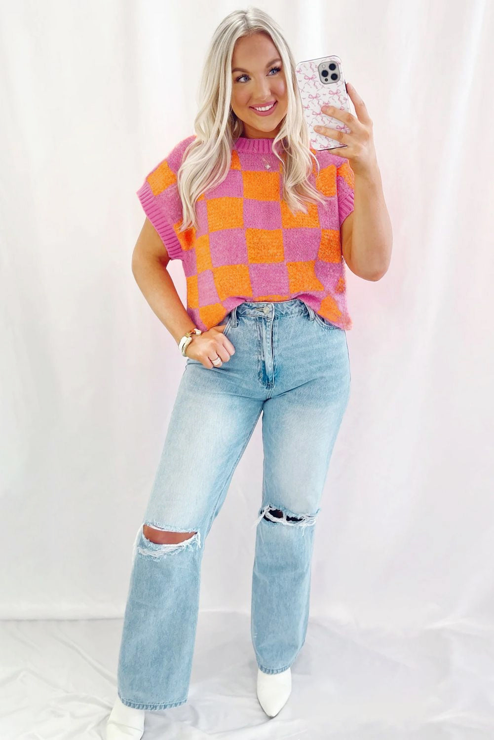 Pink and Orange Checkered Sweater Tank Top