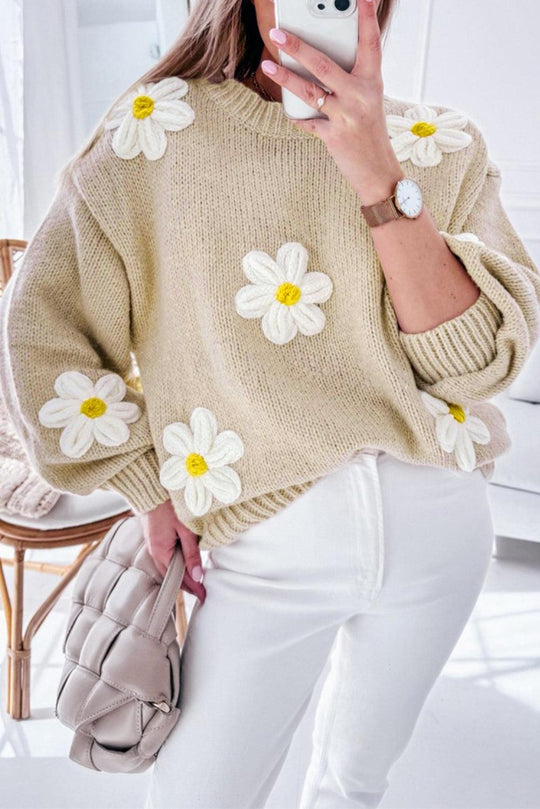 White Floral Crochet Chunky Knit Sweater