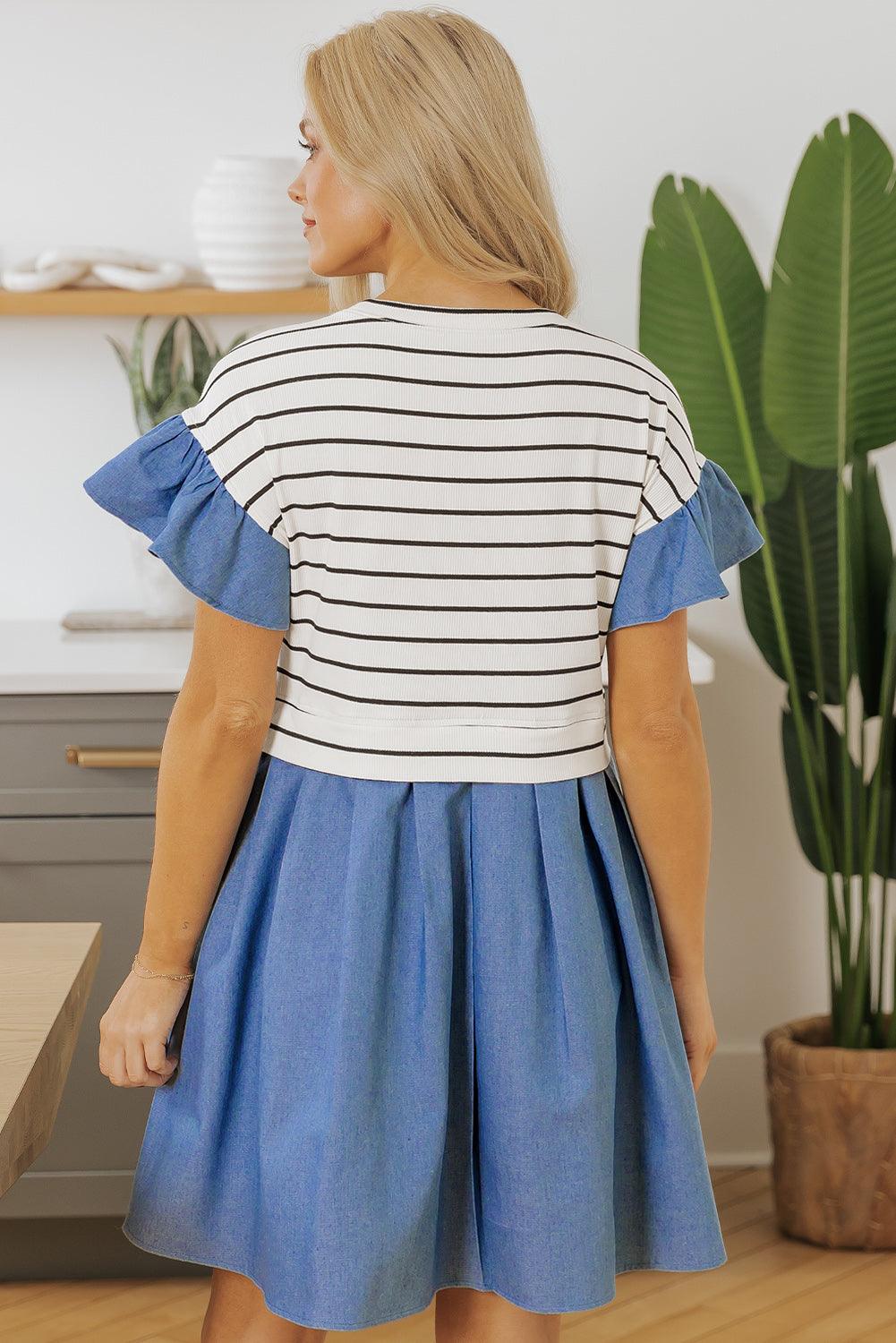 Denim Stripe Ruffle Mini Dress