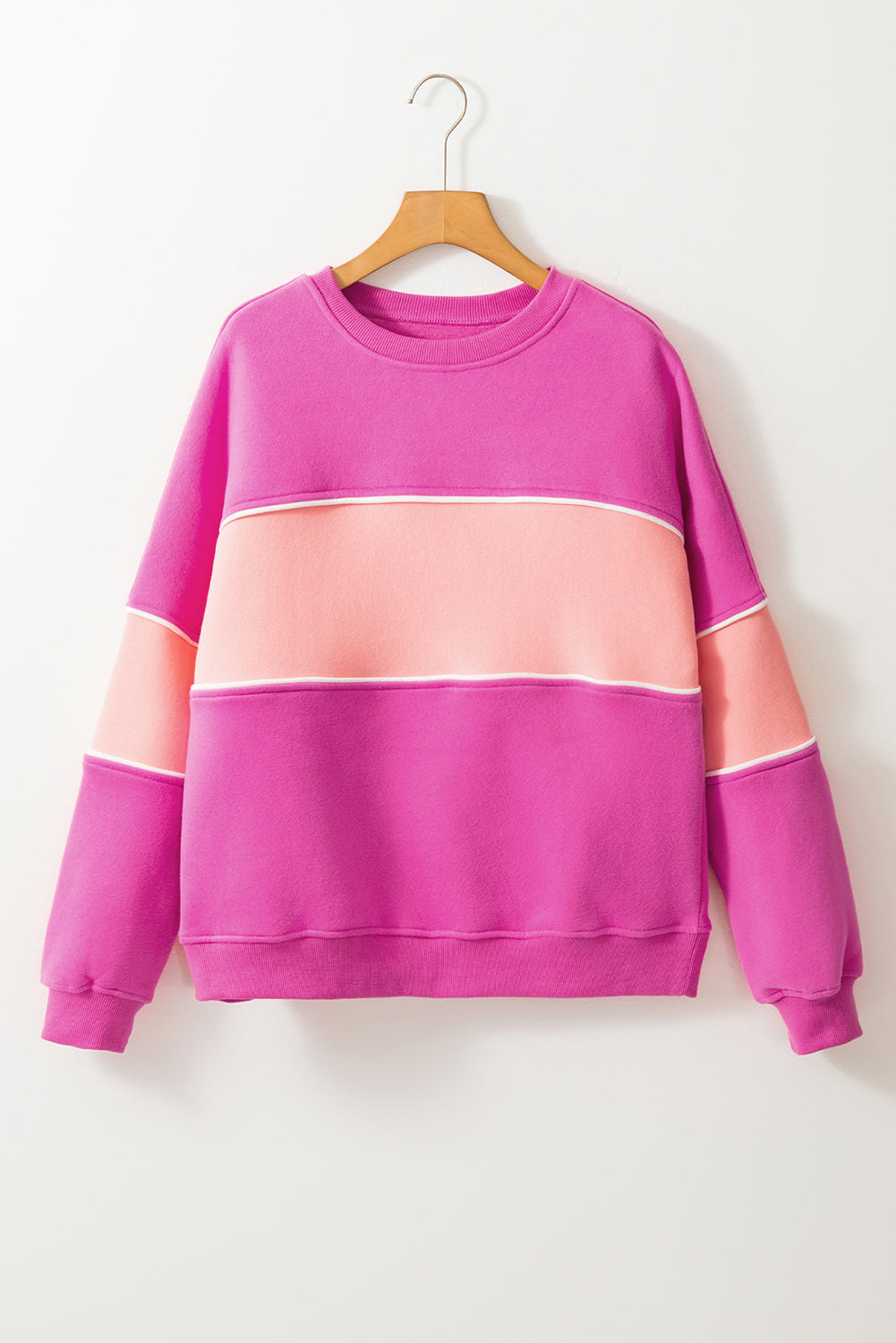  Pink Two-Toned Drop Shoulder Ribbed Trim Sweatshirt