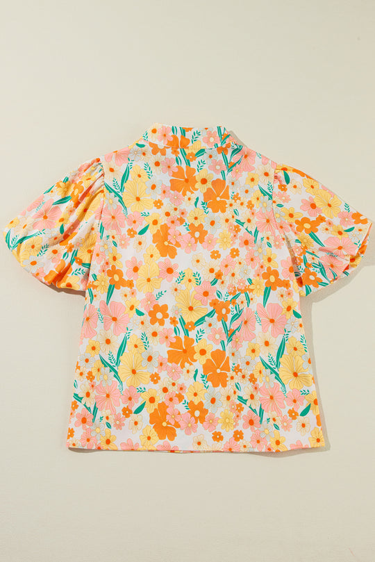 Yellow Multicolor Floral Bubble Sleeve Blouse