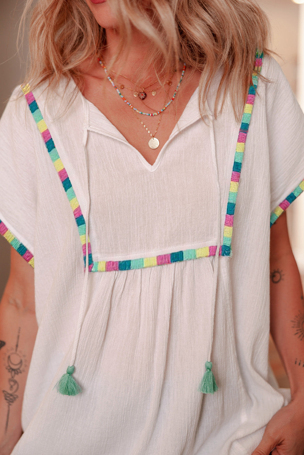 Fringe Multicolor Tassel Short Sleeve Blouse