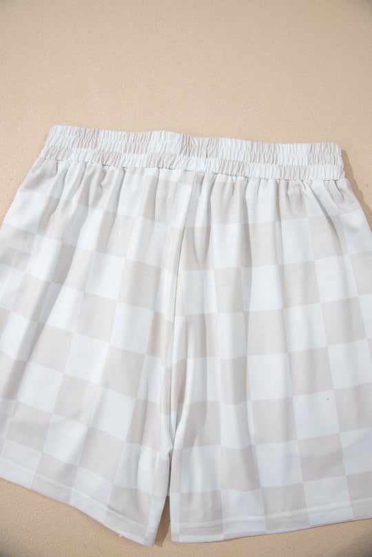 Checkered Beige Drawstring Lounge Short Set