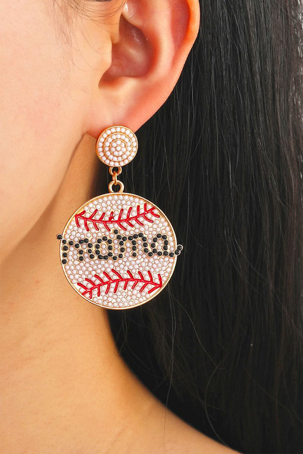 White "Mama" Beaded Baseball Shape Earrings