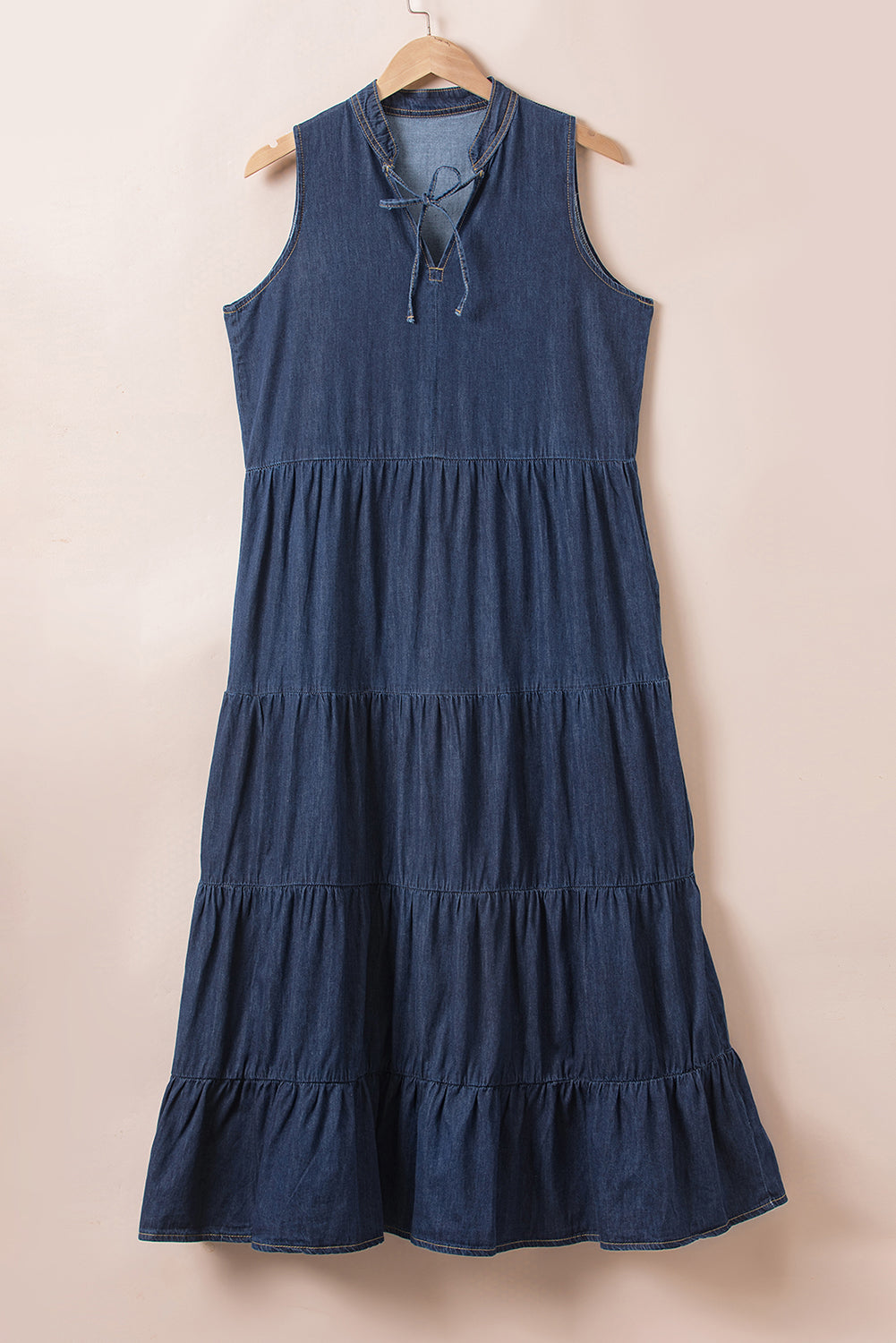 Long Chambray Tiered Maxi Denim Dress 