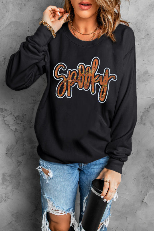 Orange "Spooky" Rhinestone Graphic Sweatshirt