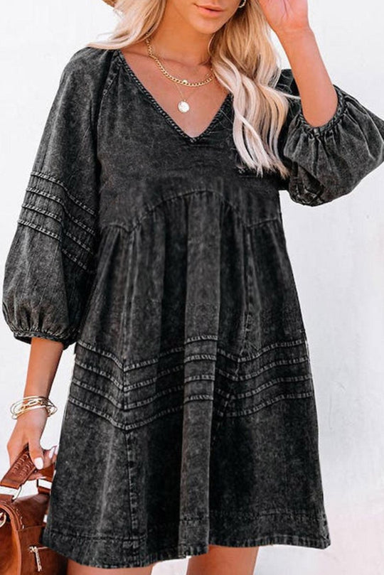 Denim Black Pleated Babydoll Dress - Klazzi Fashion Boutique