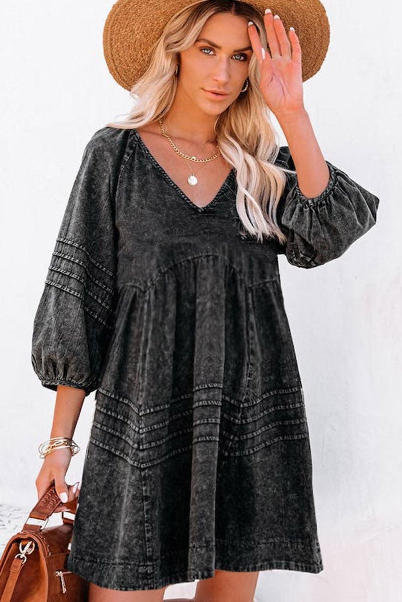 Denim Black Pleated Babydoll Dress - Klazzi Fashion Boutique