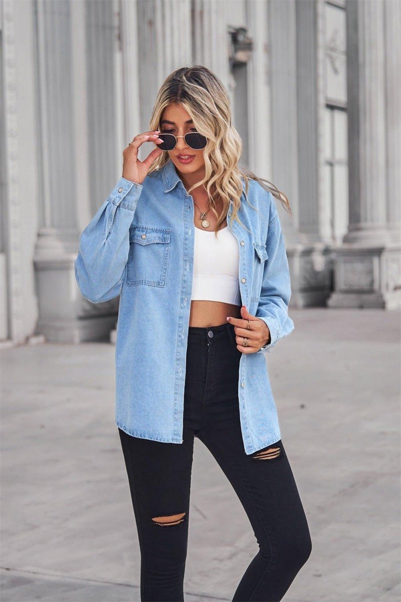 Denim Collard Long Sleeve Top - Klazzi Fashion Boutique