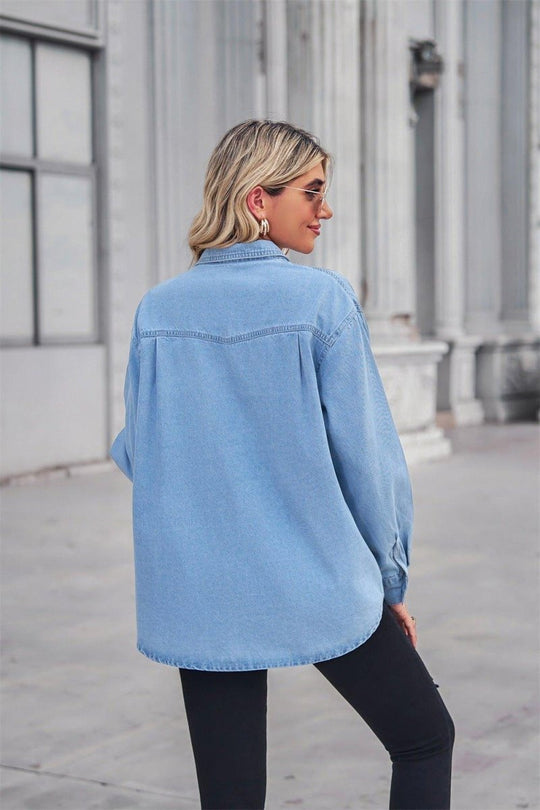 Denim Collard Long Sleeve Top - Klazzi Fashion Boutique