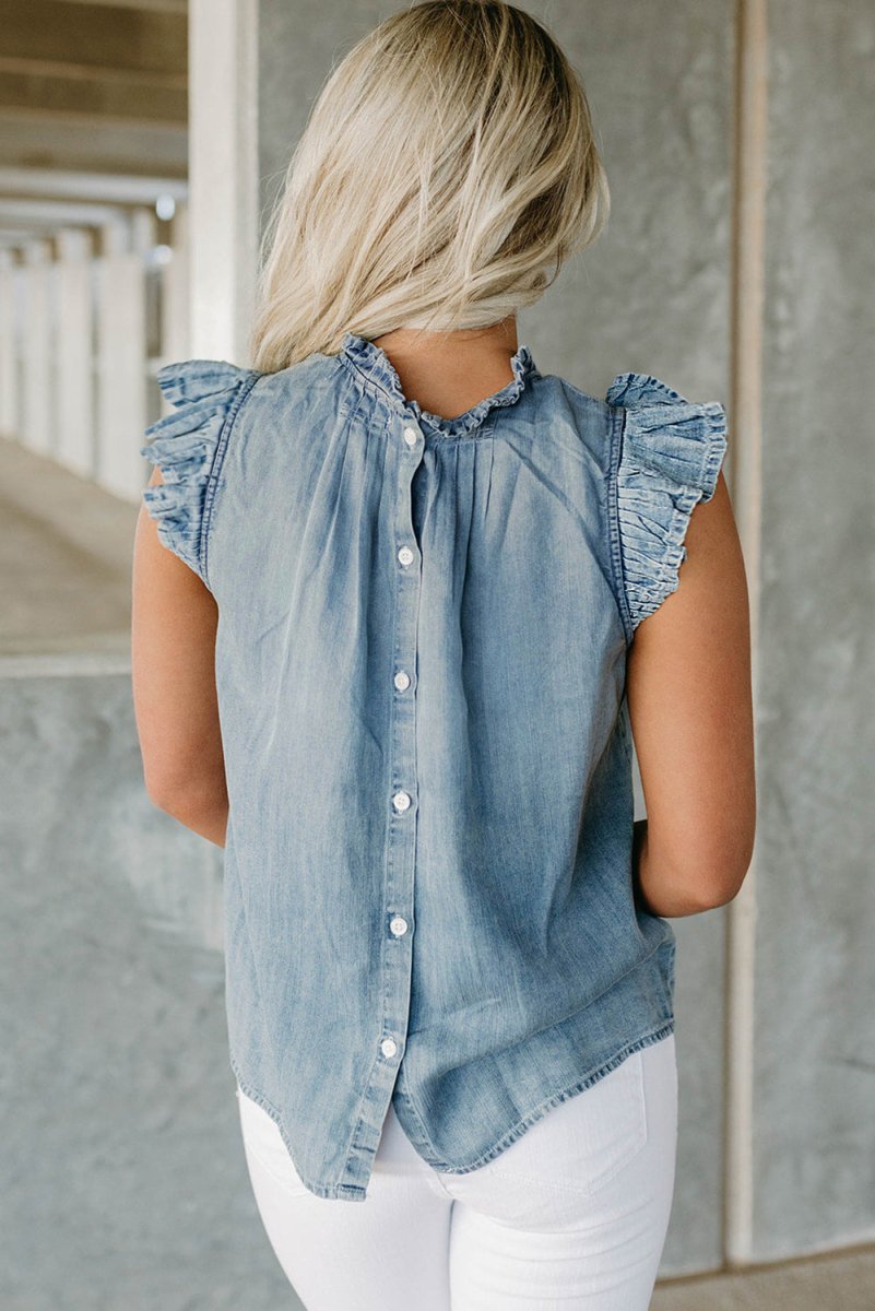 Denim Pleated Retro Chambray Top - Klazzi Fashion Boutique