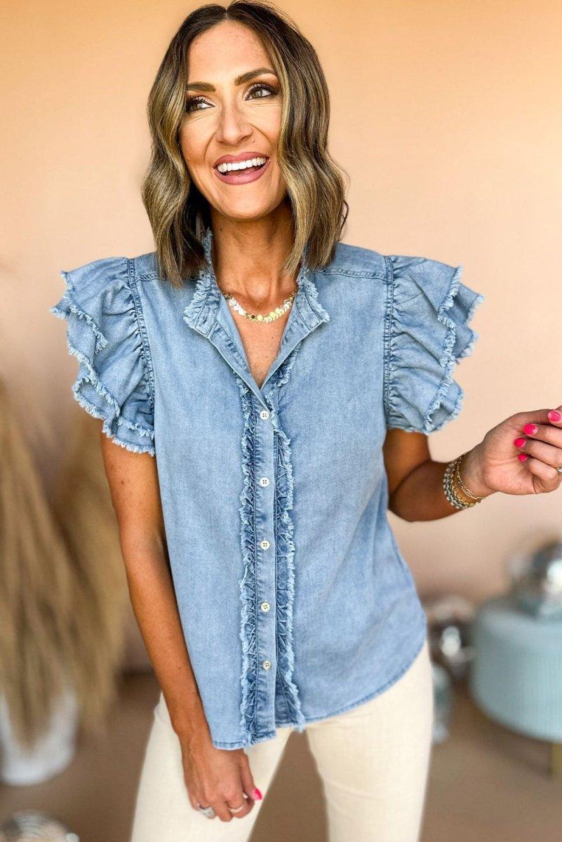 Denim Ruffled Flutter Frayed Denim Blouse - Klazzi Fashion Boutique