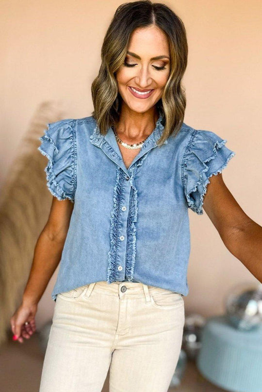 Denim Ruffled Flutter Frayed Denim Blouse - Klazzi Fashion Boutique