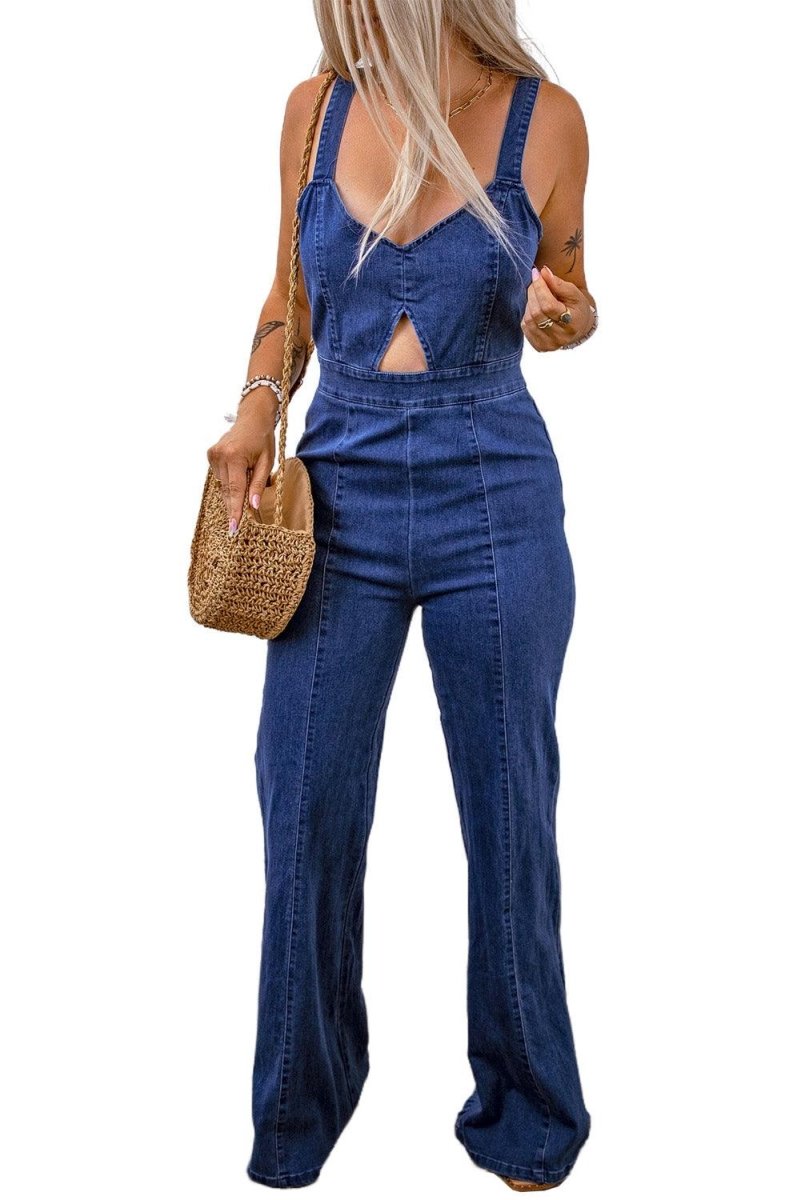 Denim Zipped Cutout Jumpsuit - Klazzi Fashion Boutique